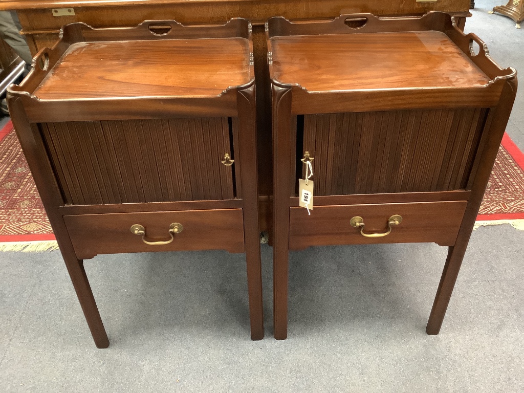 A pair of Georgian style mahogany tray-top bedside commodes, each having tambour shutter on square supports, width 48cm depth 42cm height 79cm